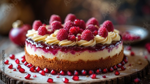 Wallpaper Mural a dessert featuring raspberry jam and cream filling, topped with fresh raspberries and adorned with scattered pomegranate seeds Torontodigital.ca