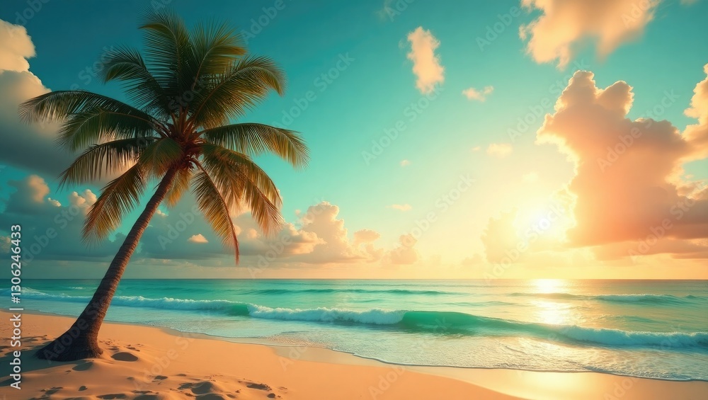 Fototapeta premium tropical shore with a coconut palm tree at sunset