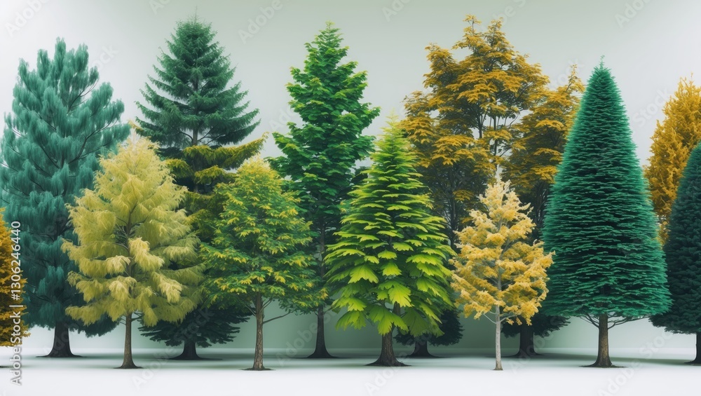 Fototapeta premium Assortment of trees set against a plain white background, separated.