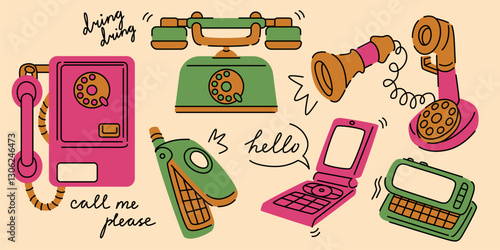Vintage phone cartoon collection with rotary payphone, landline, flip mobile device and retro receiver. Old school communication equipment with text bubbles. Nostalgic telecommunication illustration.