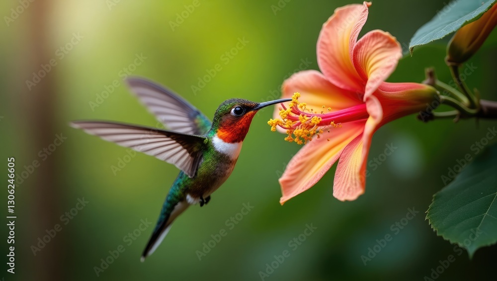 Fototapeta premium Volcano Hummingbird - Selasphorus flammula, a tiny hummingbird found solely in the mountainous regions of Costa Rica and Chiriqui, Panama, hovering and sipping nectar from a beautiful flower.