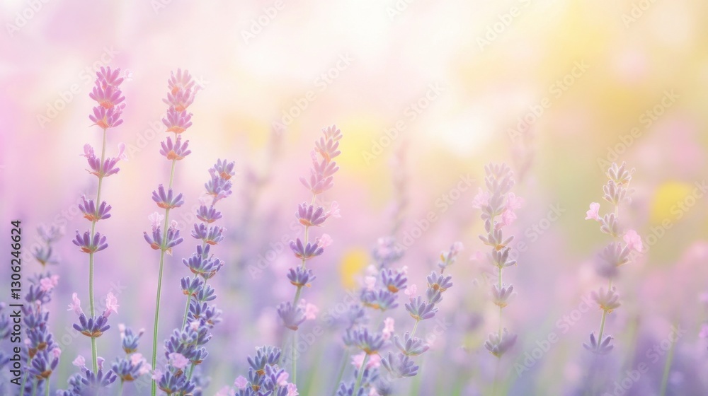 Naklejka premium Lavender flowers bloom in a serene field during golden hour, creating a tranquil atmosphere of relaxation and beauty