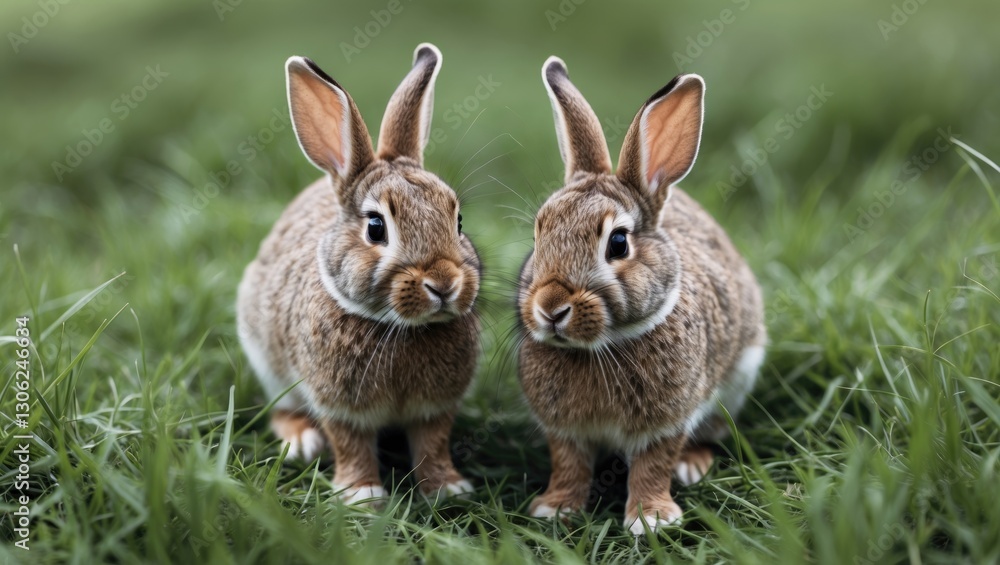 Fototapeta premium Pair of rabbits on lush green grass