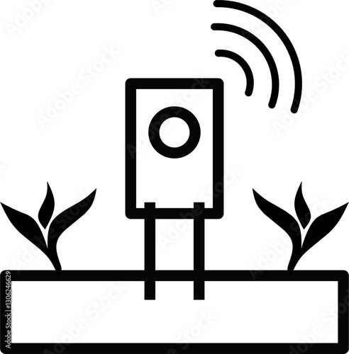 Vector icon of a soil sensor used in agriculture and farming technology. This digital device monitors moisture, climate, and irrigation with precision for smart farming. Black color isolated on white