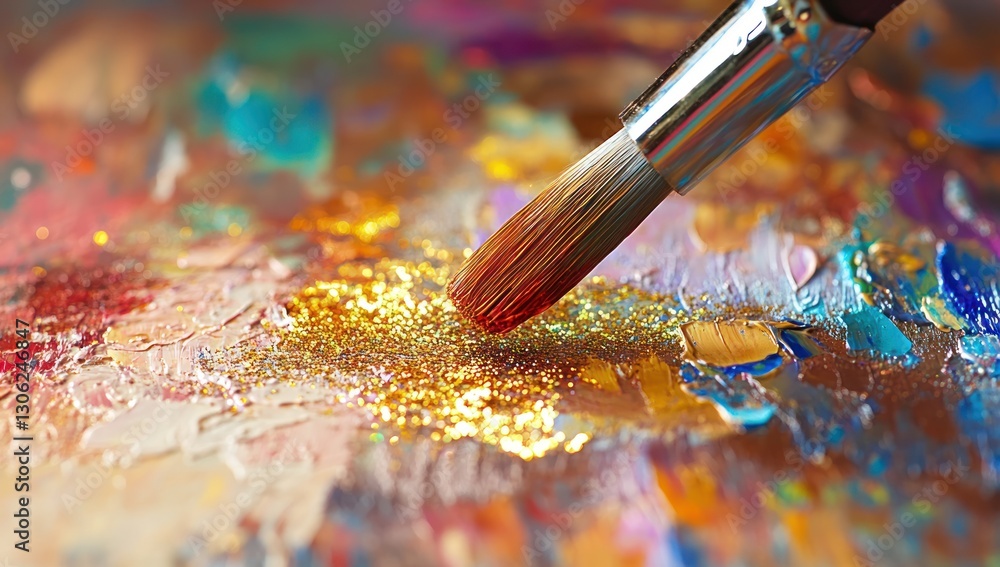 Fototapeta premium Close-up of paintbrush adding gold glitter to colorful palette.