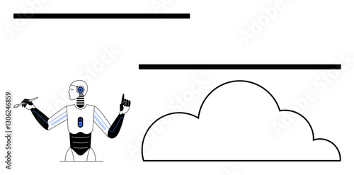 Humanoid robot holding stylus with futuristic design, cloud icon below horizontal lines. Ideal for technology, AI, cloud computing, innovation, robotics, data analysis automation concepts. Flat