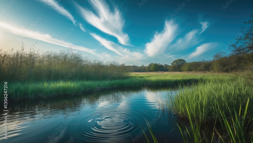 Obraz premium A tranquil pond surrounded by wild grassland and vibrant clouds in a blue sky.