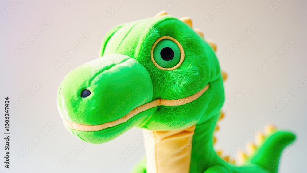 Naklejka premium Close-up view of a green dinosaur stuffed toy against a white backdrop.