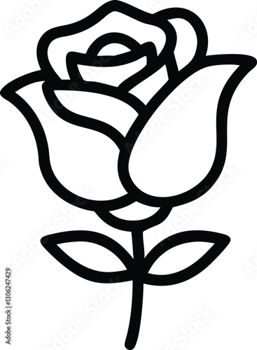 Black and white illustration, minimalist rose design, bold outlines, stylized flower, single stem, two leaves, iconic floral symbol, graphic art, simplified shapes, vector-style drawing, clean lines, 