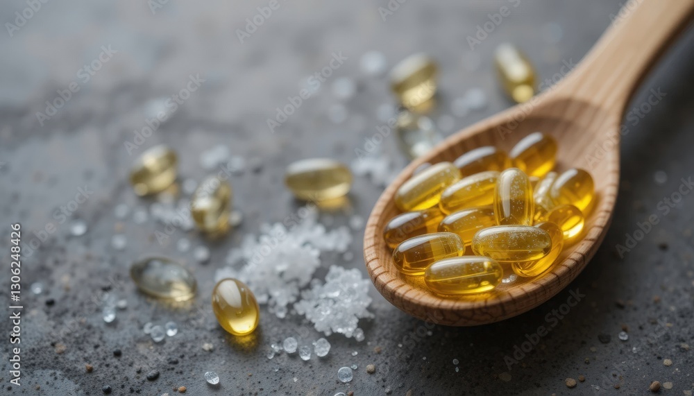 close-up of omega-3 capsules in a wooden spoon. health, wellness, and natural remedy concept. perfect for health & nutrition marketing. close-up of omega-3 capsules in a wooden spoon. health, wellness, and natural remedy concept. perfect for health & nutrition marketing.