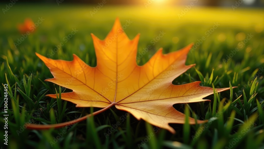 Dried yellow leaf lays on the green grass, capturing the essence of autumn. Online banner. Dried yellow leaf lays on the green grass, capturing the essence of autumn. Online banner.