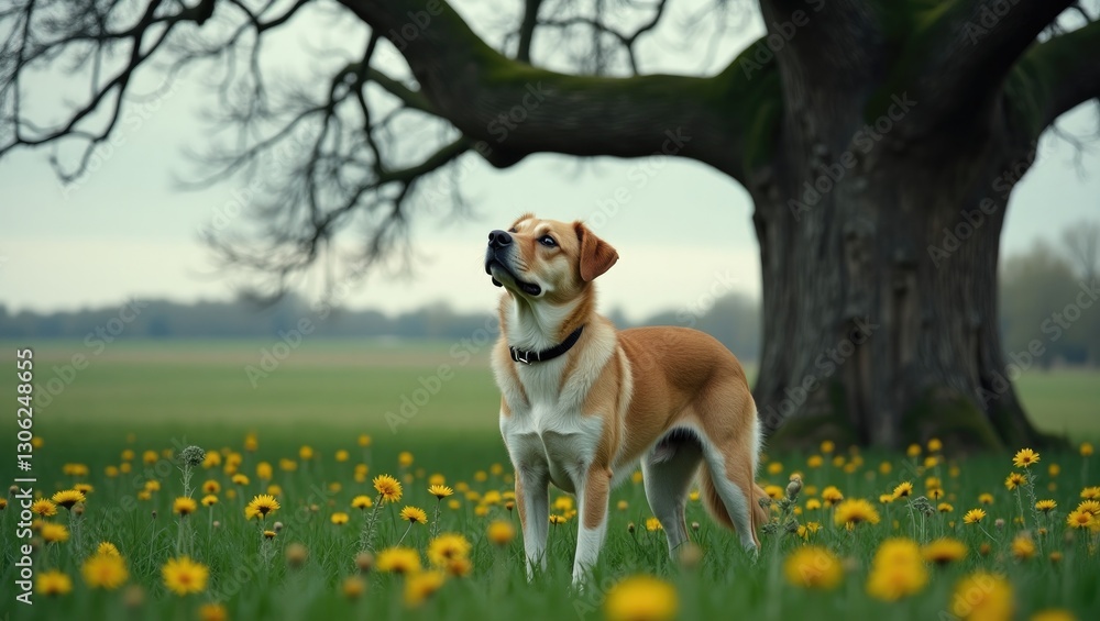 Canine positioned near a young oak tree in a meadow during a cloudy day with budding leaves. Canine positioned near a young oak tree in a meadow during a cloudy day with budding leaves.