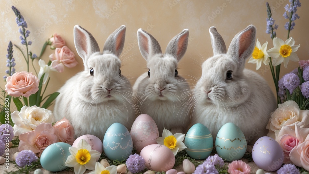 Charming hand-drawn horizontal seamless pattern featuring Easter bunnies, colorful eggs, and blooming flowers, ideal for creating cards, banners, textiles, and desktop designs. Charming hand-drawn horizontal seamless pattern featuring Easter bunnies, colorful eggs, and blooming flowers, ideal for creating cards, banners, textiles, and desktop designs.