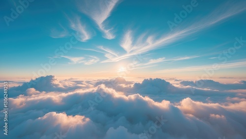 Bright clouds in a clear blue sky as viewed from above. Aerial perspective of cloud layers. Texture of clouds on the surface. Observations from above. Above the clouds, during sunrise or sunset. Vi...