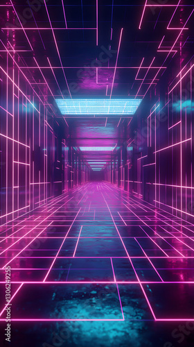 Wallpaper Mural Abstract Neon Lights Tunnel - Purple and Blue Glow in 3D Digital Art Torontodigital.ca