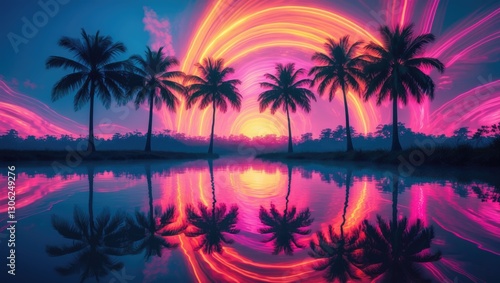 Silhouettes of tropical palm trees in front of a vibrant, neon background. Image featuring palm trees mirrored on a lake.