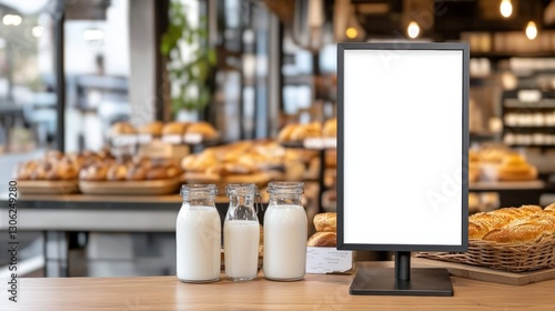 Wallpaper Mural Cozy Bakery Interior Featuring Clean Lines and Modern Decor with Display of Fresh Breads and Milk for a Warm Atmosphere. Blank advertising mockup board for advertisement at the bakery shop.  Torontodigital.ca