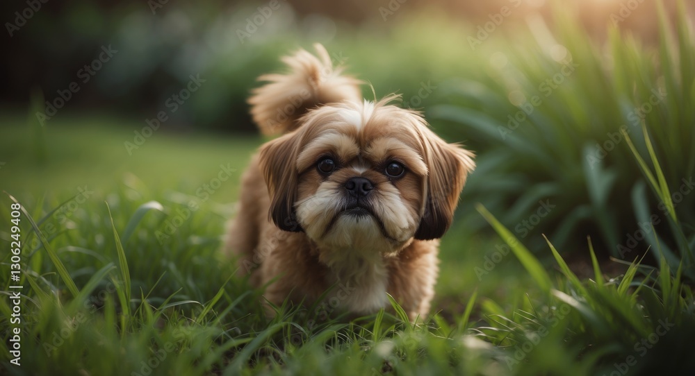 Shih-Tzu Dog with Brown Fur Exploring a Lush Green Garden for Food. Shih-Tzu Dog with Brown Fur Exploring a Lush Green Garden for Food.