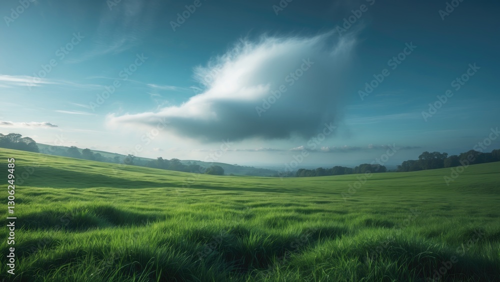 Obraz premium a green field beneath a blue sky with a fluffy cloud, showcasing a natural landscape