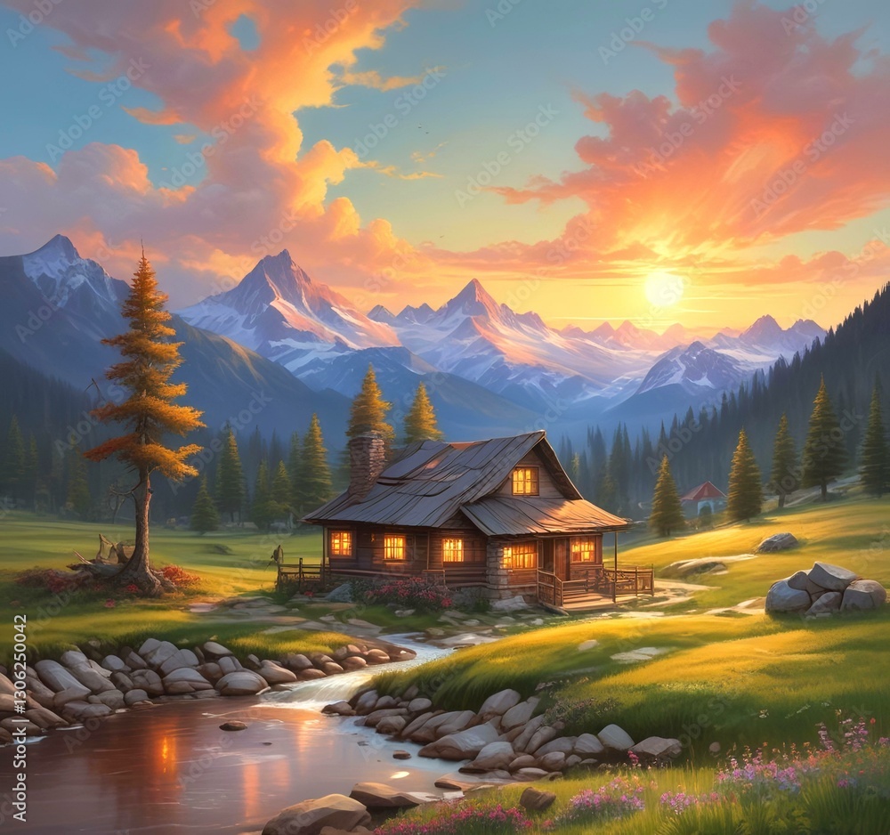 Obraz premium Wild landscape with stunning view and woden cottage.