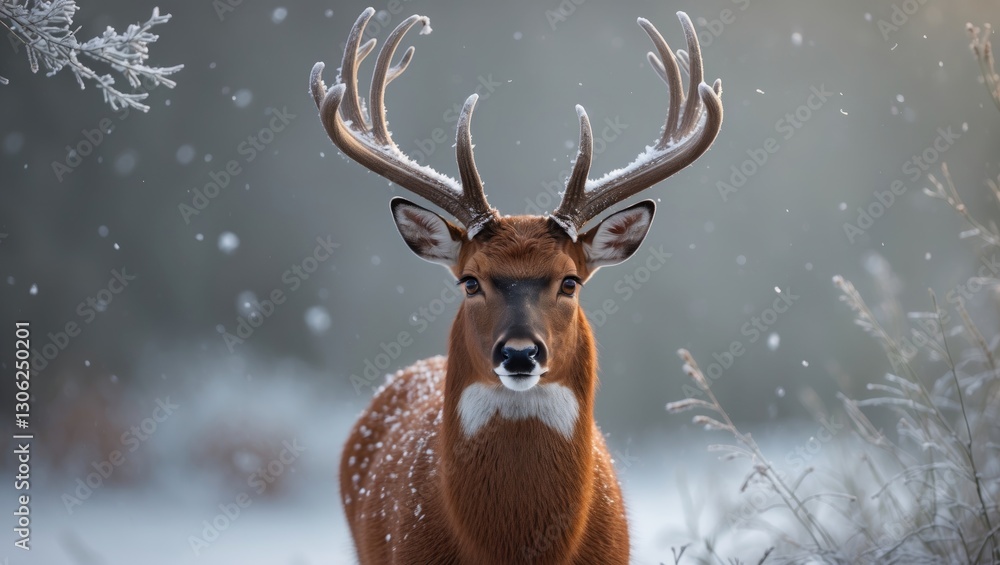 Close-up of a roe deer, Capreolus capreolus, buck with dark eyes observing in winter. Wild male with antlers in a chilly environment facing the camera. Herbivore in its natural habitat. Close-up of a roe deer, Capreolus capreolus, buck with dark eyes observing in winter. Wild male with antlers in a chilly environment facing the camera. Herbivore in its natural habitat.