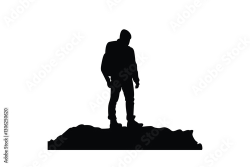 A silhouette of mountain climber with backpack viewing snow-covered peaks vector icon illustration isolated on white background.  mountain climber logo art work.