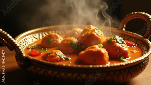 Authentic Chicken Tikka Masala Served in a Korai with Steam Rising photo