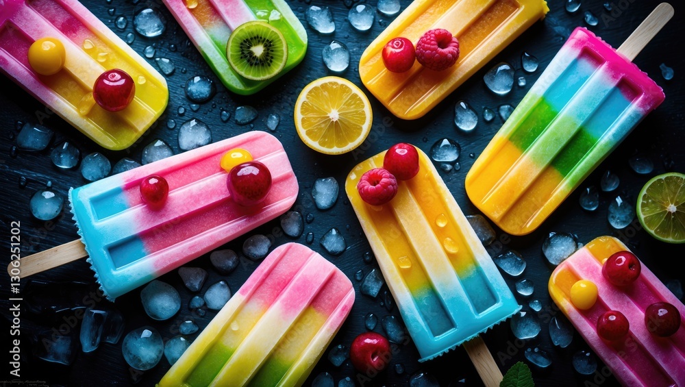 Assorted vibrant summer ice pops alongside fruit and ice. A close-up view from above on a dark slate backdrop.