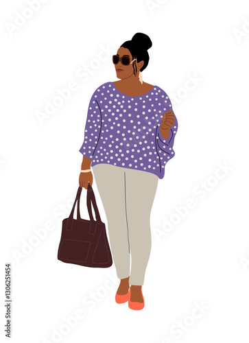 Happy black curvy woman in stylish modern clothes. Plus size african american girl wearing street fashion outfit, Smart casual office look. Realistic vector illustration isolated