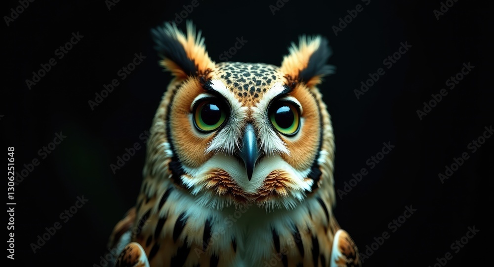 Intense close-up of a barred owl gazing upward against a dark backdrop Intense close-up of a barred owl gazing upward against a dark backdrop