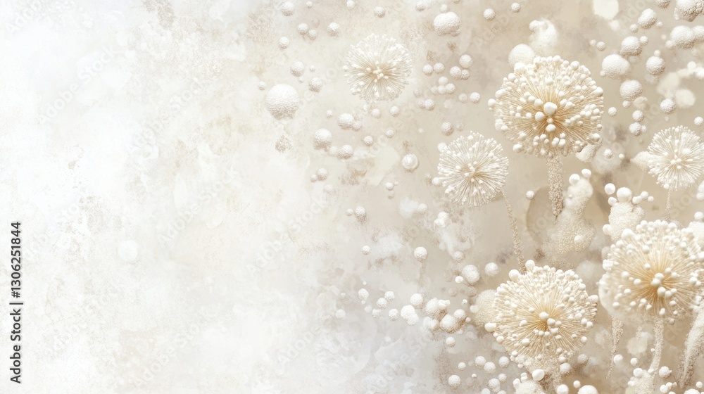 Elegant white floral background with delicate dandelion and bubble elements Elegant white floral background with delicate dandelion and bubble elements