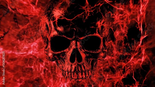 Dark red skull surrounded by swirling energy in a vibrant abstract background