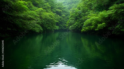 Dark Green Tropical River With Lush Vegetation