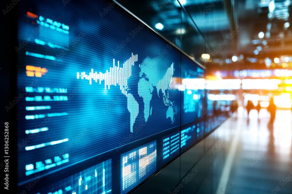 A digital display shows a world map with data visualization, reflecting modern technology in a vibrant, busy environment. A digital display shows a world map with data visualization, reflecting modern technology in a vibrant, busy environment.