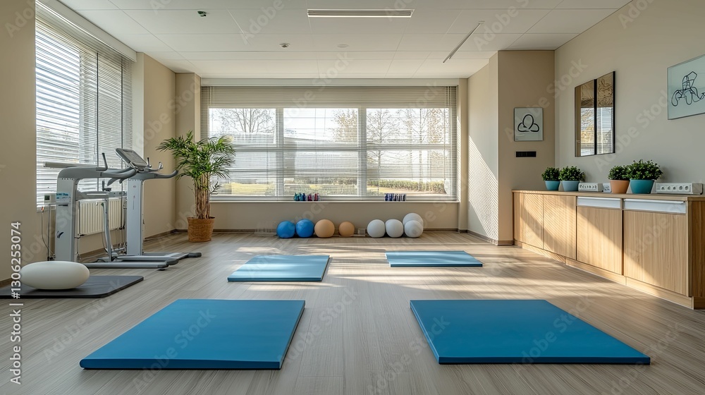 Modern Physiotherapy Room With Exercise Equipment And Mats Modern Physiotherapy Room With Exercise Equipment And Mats