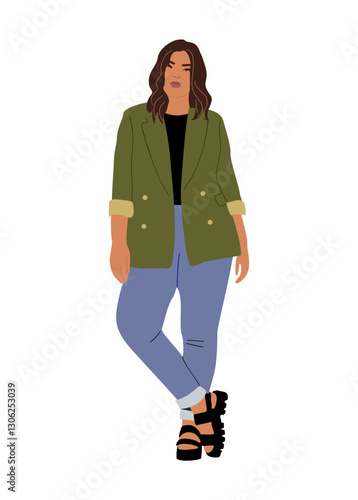 Happy curvy woman in stylish modern clothes. Plus size girl wearing street fashion outfit, Smart casual office look. Young female character Realistic vector illustration isolated