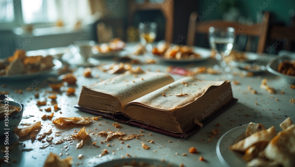 a disordered table with an open book a disordered table with an open book