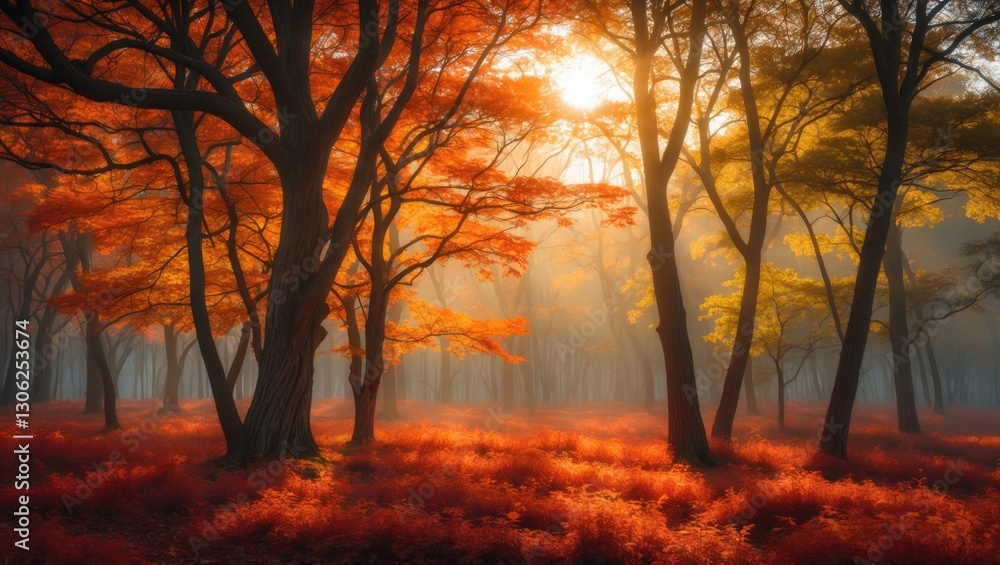 Fototapeta premium Vibrant autumn woodland landscape Radiant morning light through a tapestry of colorful trees, with sunlight streaming through the branches. Nature's beauty basking in sunlight.
