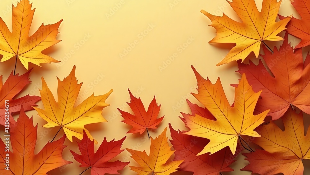 Autumn-themed arrangement of dried maple leaves laid out on a light beige surface, viewed from above with space for text. Autumn-themed arrangement of dried maple leaves laid out on a light beige surface, viewed from above with space for text.
