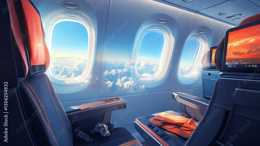 Airplane Seats With Cloudscape Views Through Windows Airplane Seats With Cloudscape Views Through Windows