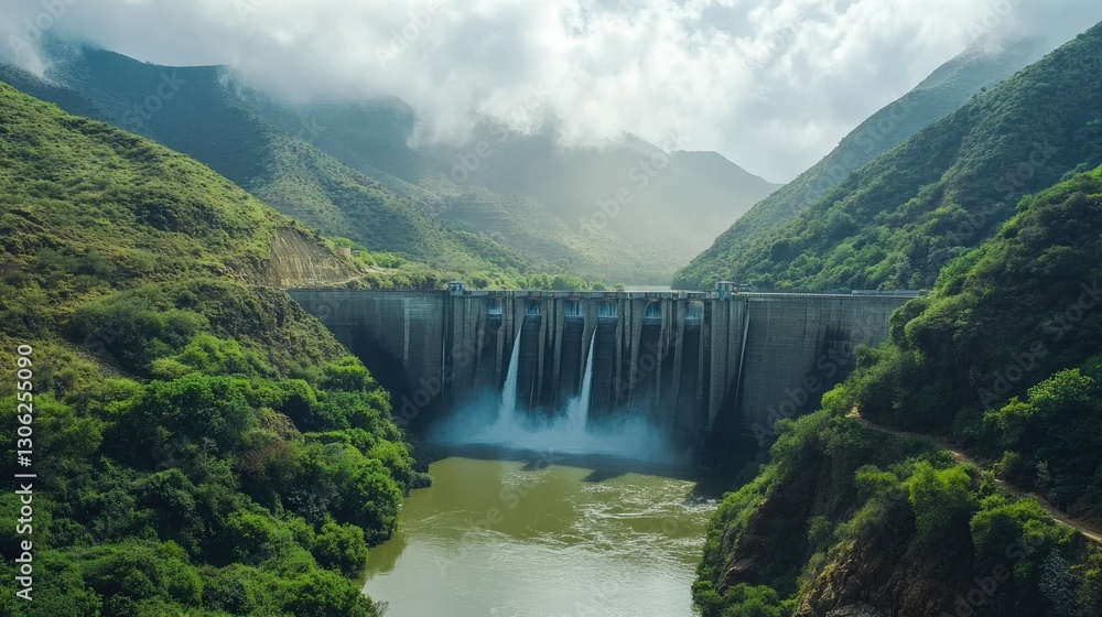 A massive dam in a rugged terrain, water flowing from its spillways, with lush greenery and steep mountains in the background A massive dam in a rugged terrain, water flowing from its spillways, with lush greenery and steep mountains in the background