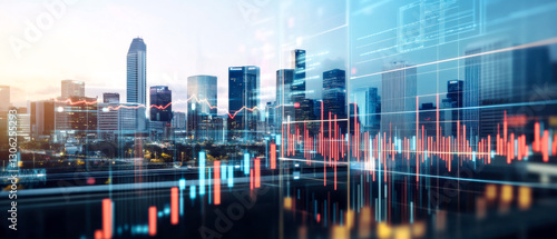 A futuristic city skyline overlaid with financial graphs and data, symbolizing economic growth and technological advancement.