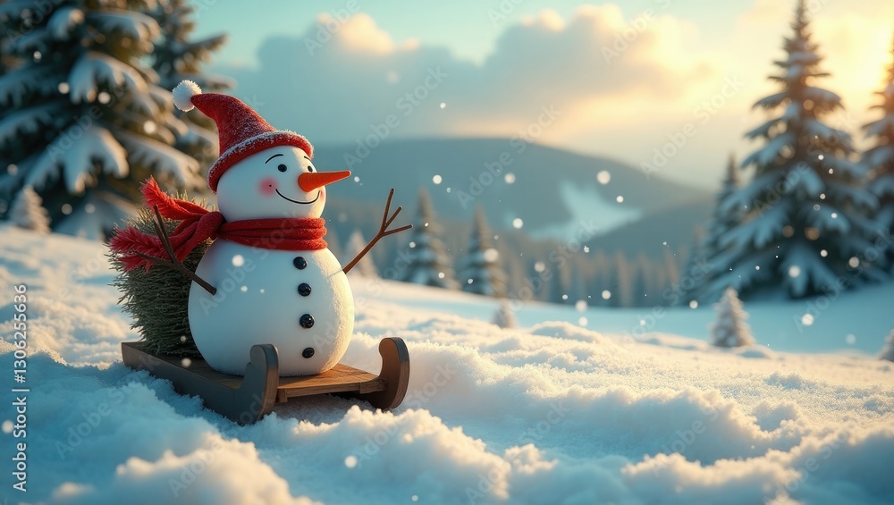 Obraz premium Festive greeting card featuring a snowman on a sled
