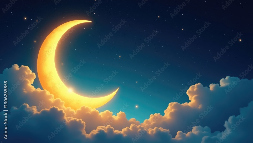 Crescent moon accompanied by clouds and stars. Bright yellow moon. Realistic features for festive banners and posters. Cartoon-inspired design icon set against a blue backdrop. Rendering Crescent moon accompanied by clouds and stars. Bright yellow moon. Realistic features for festive banners and posters. Cartoon-inspired design icon set against a blue backdrop. Rendering