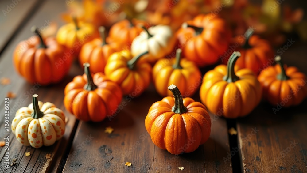 anime-inspired fall composition featuring tiny pumpkins on a rustic wooden surface anime-inspired fall composition featuring tiny pumpkins on a rustic wooden surface