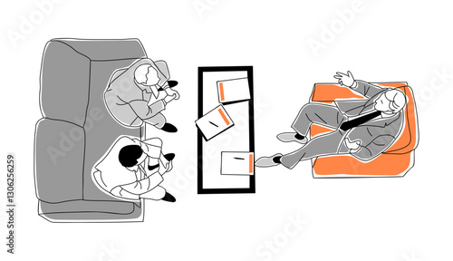 Business meeting in lounge zone top view. Businessmen sitting in armchairs, discussing, talking. Modern vector simple outline style illustration for graphic, web design. Isolated