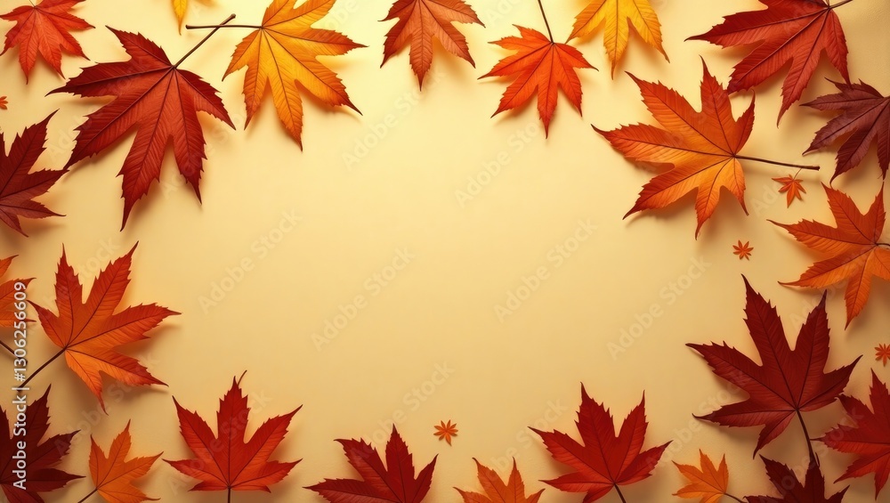 Autumn-themed arrangement of dried maple leaves on a light beige background in an anime-style flat lay, viewed from above with space for text. Autumn-themed arrangement of dried maple leaves on a light beige background in an anime-style flat lay, viewed from above with space for text.