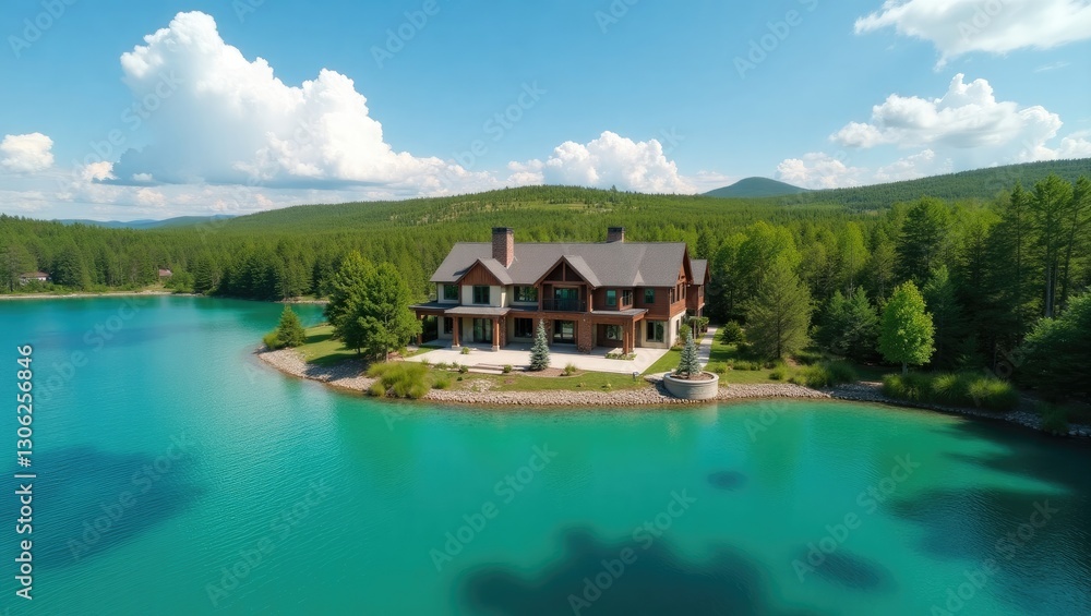 Fototapeta premium birds-eye view of a stunning lake, surrounded by forest, with a home situated at its heart.