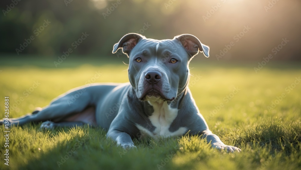 Relaxed Blue American Pitbull Terrier enjoying the sunlight, 5 years old, gentle, kind, outdoors, Rescue, Blue, often misunderstood, affectionate, American Terrier, family pet, Shelter dog.