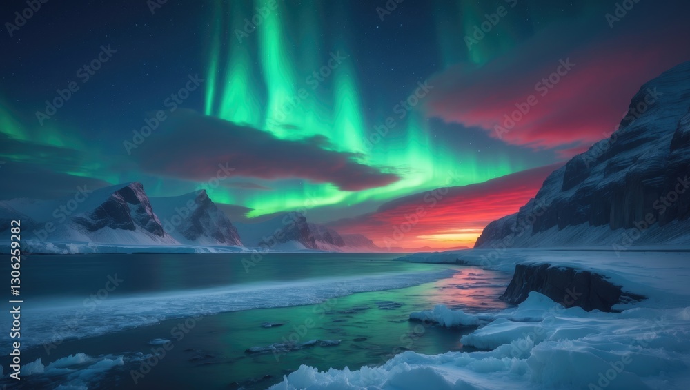 Fototapeta premium Stunning Arctic Rocky Seascape Artwork with Breathtaking Nature Background Featuring Aurora Borealis. Amazing Night Photography of Polar Lights Above Snowy Northern Mountains and Ocean, Great Wallp...